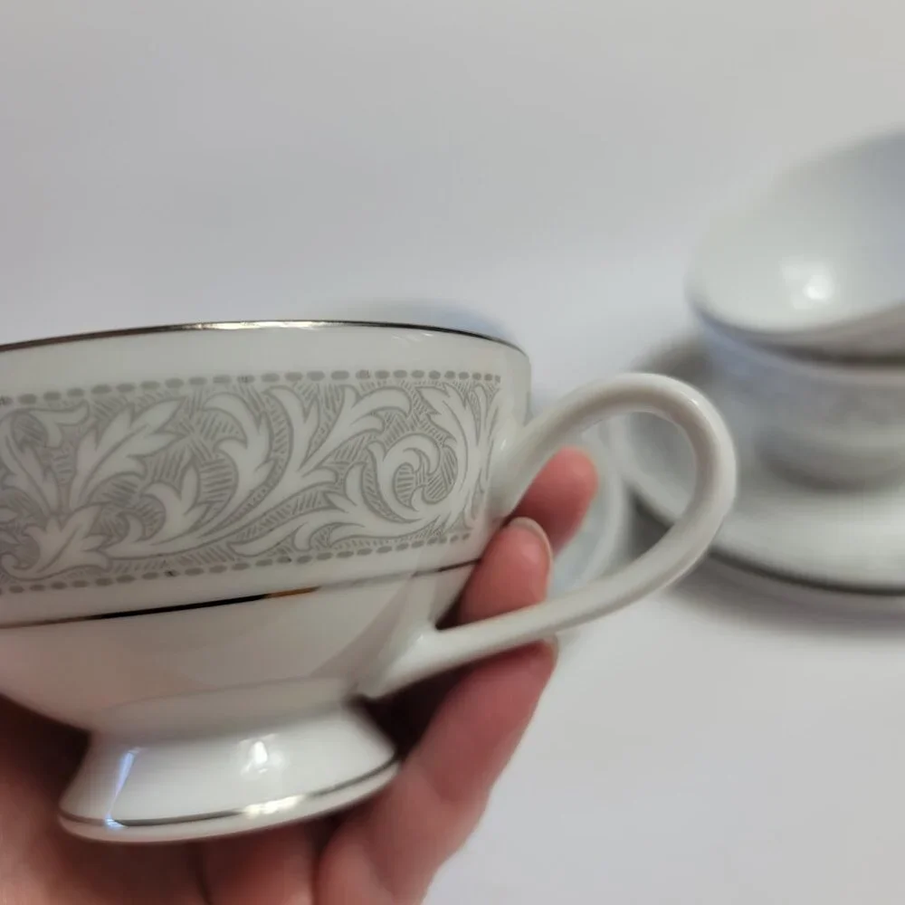 FOUR Imperial China Whitney Cup & Saucers White Gray Band Leaf Scrolls W. Dalton